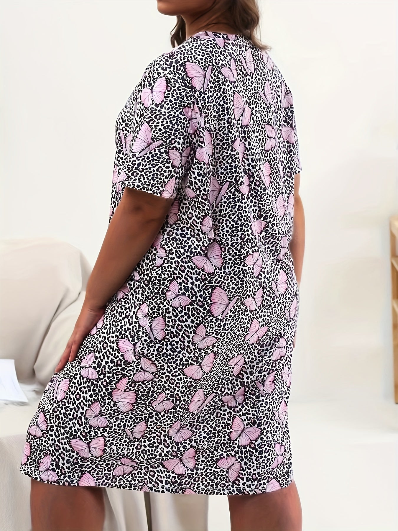 Butterfly Leopard Print Nightdress Short Sleeve Loungewear Dress