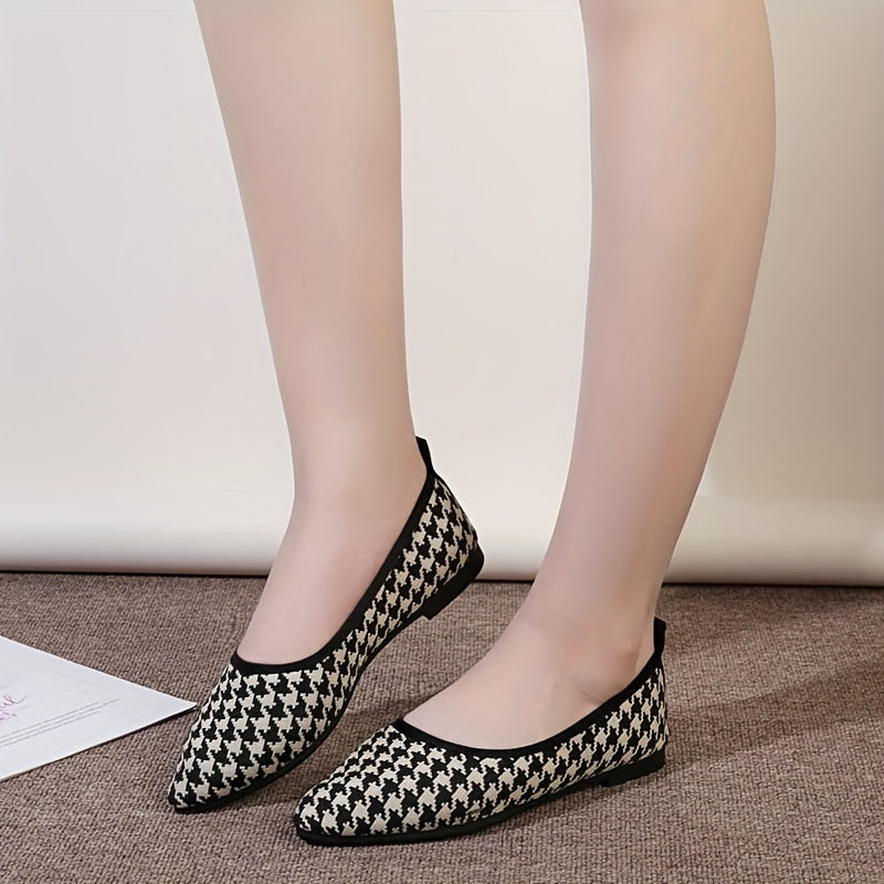 Women's Houndstooth Flat Shoes Point Toe Lightweight Work Dress Shoes