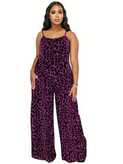 Leopard Spaghetti Print Wide Leg Jumpsuit Women's Clothing