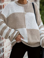 Checkerboard & Stripe Print Drop Shoulder Sweater