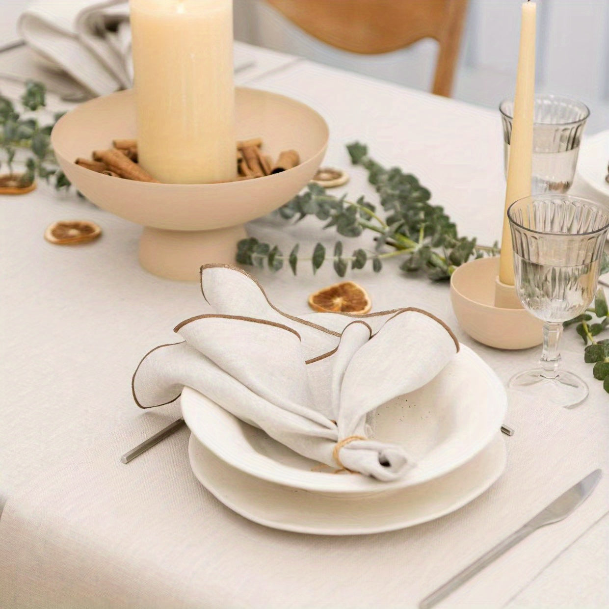 6pcs Beige Polyester Napkin with Coffee Edge for Dining Table Decor