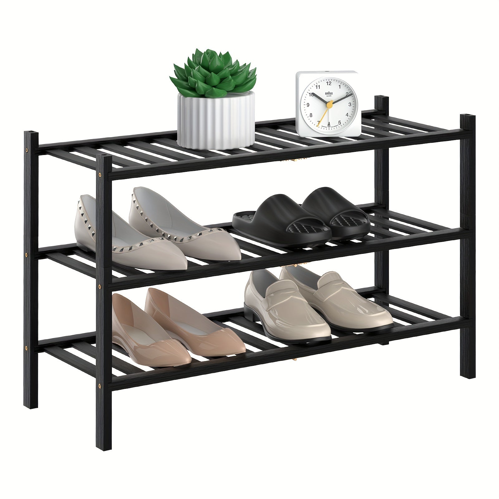 3 Tier Bamboo Shoe Rack Entryway Stackable Shoe Shelf Durable Shoe Storage