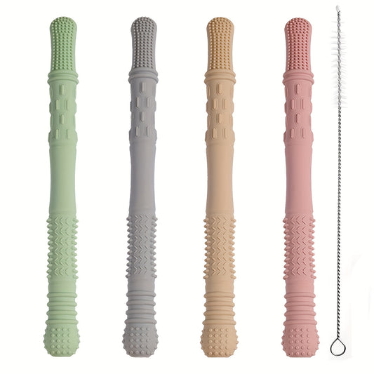 4 Pack Hollow Teether Tube Chew Straws Silicone Teething Toys Mint Green