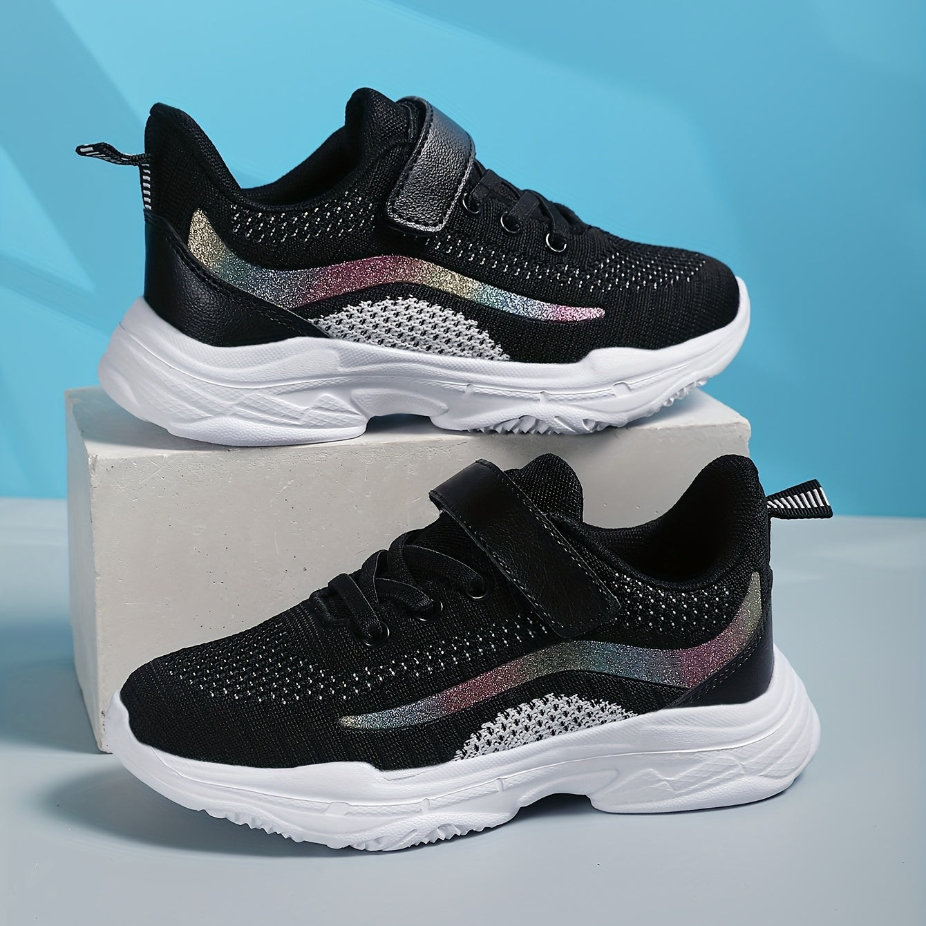 Girls Glitter Striped Lace-up Sneakers Breathable Lightweight Non-slip Shoes