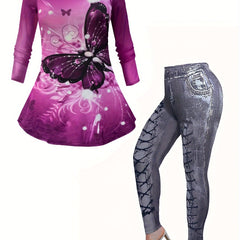 Casual Outfits Set Women's Plus Butterfly & Denim Tee & Leggings Set