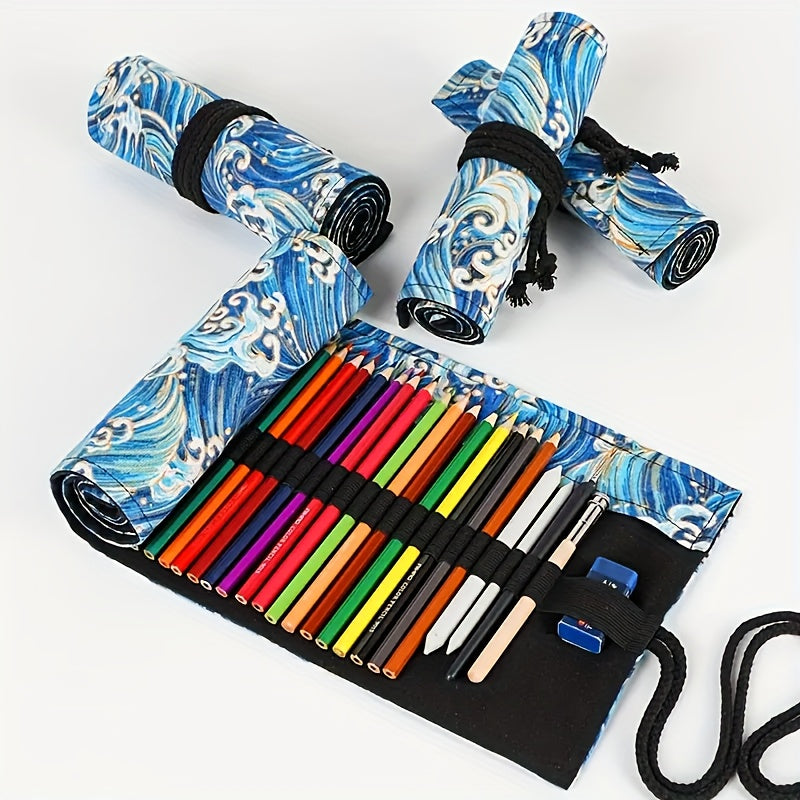 Cotton Linen Printed Pencil Case with Multiple Holes and Large Capacity