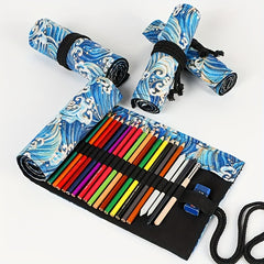 Cotton Linen Printed Pencil Case with Multiple Holes and Large Capacity