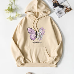 Butterfly & Flower Print Hoodie Casual Sweatshirt
