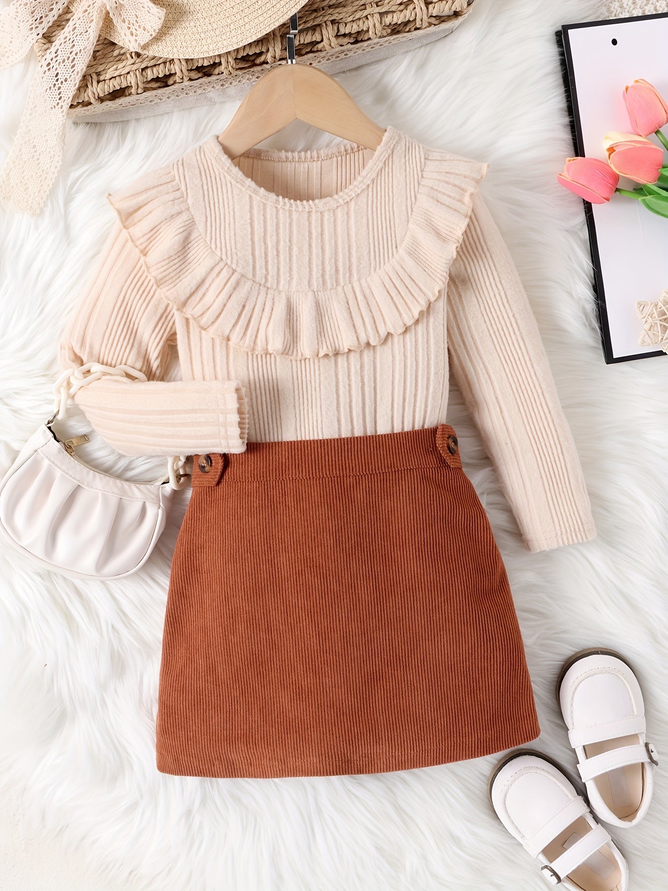 Girl's Ruffled Long Sleeve Top & Corduroy Skirt Set Casual Outfits Kids Clothes