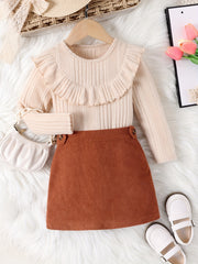 Girl's Ruffled Long Sleeve Top & Corduroy Skirt Set Casual Outfits Kids Clothes