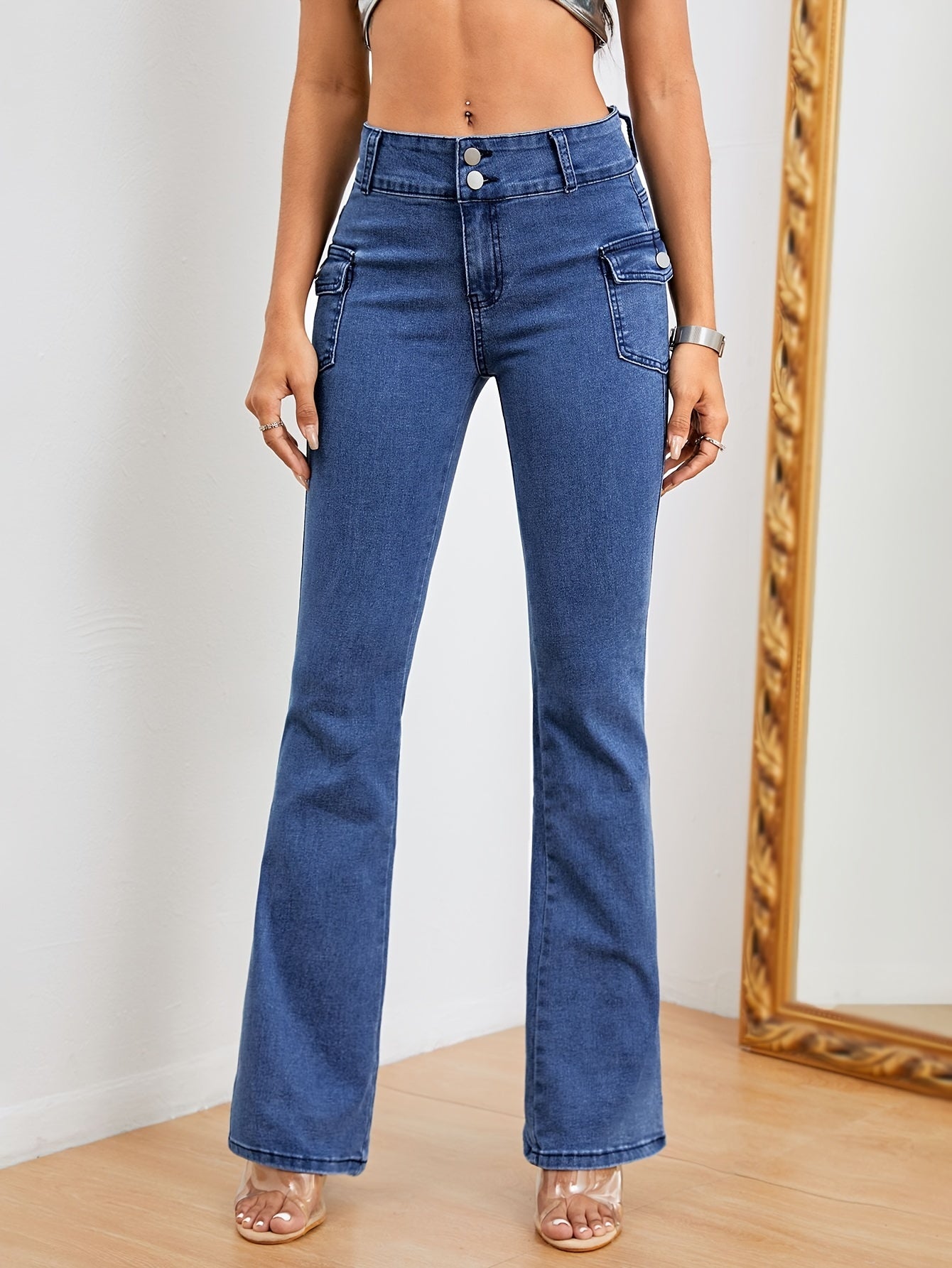 Cargo Flare Jeans High Stretch Mid Waist Bell Bottom Jeans Women's Denim