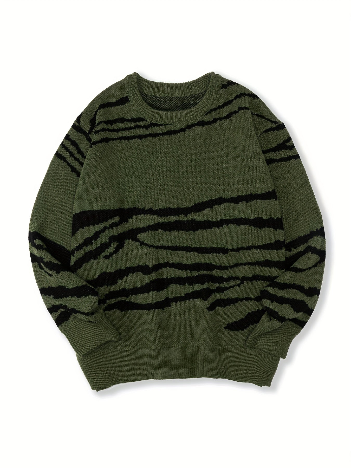 Knitted Lines Print Sweater Men's Crew Neck Pullover