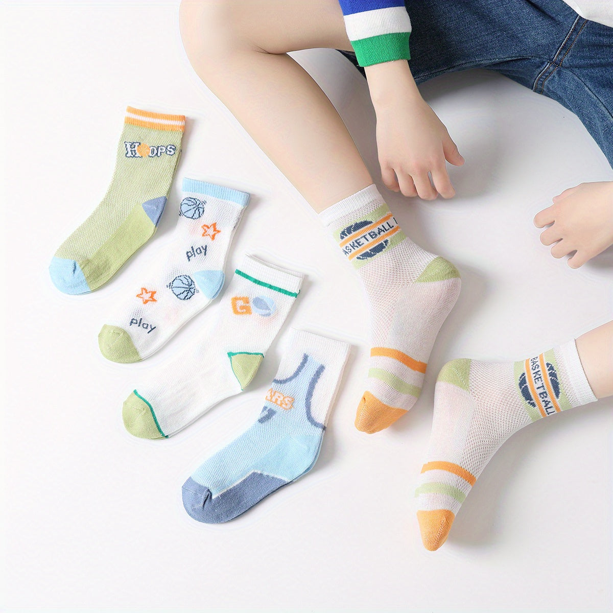 5 Pairs Basketball Graphic Print Breathable Socks for Boys/Girls Teen