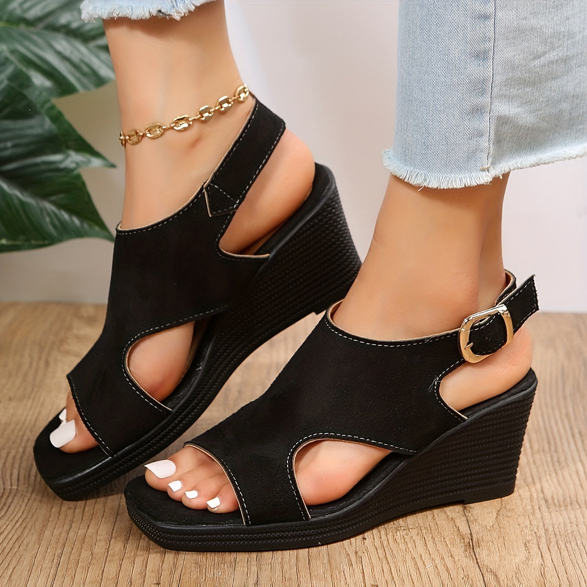 Women's Square Toe Wedge Sandals Cut out Buckle Strap Slingback Sandals