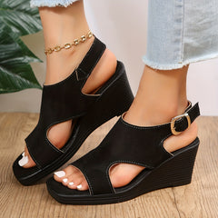 Women's Square Toe Wedge Sandals Cut out Buckle Strap Slingback Sandals