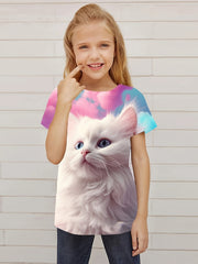 Dreamy Cat Graphic Short Sleeve T-shirt for Girls