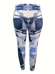 Colorblock Denim & Camo Print High Rise Leggings