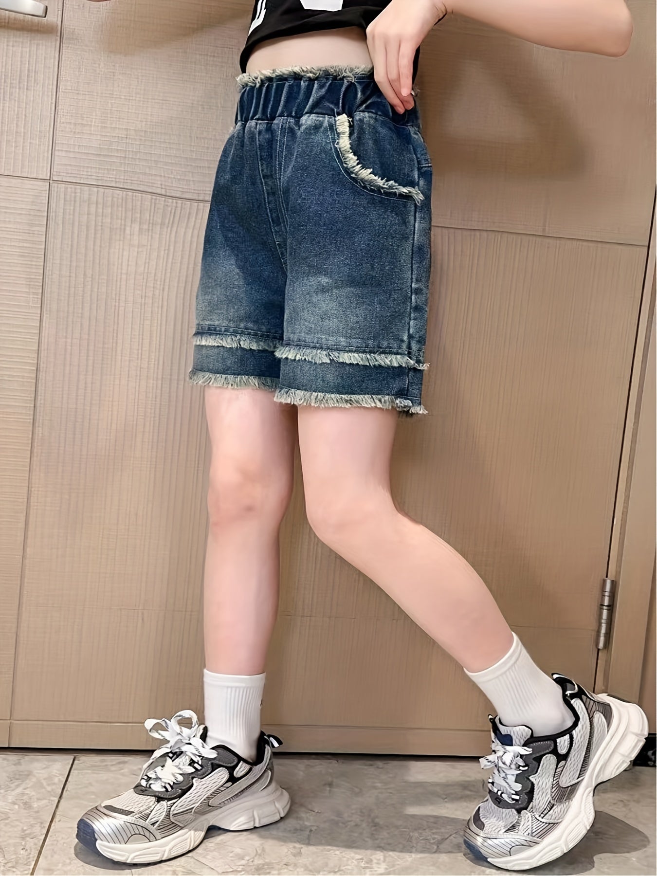 Vintage Denim Shorts with Raw Trims, Elastic Waist, Summer Kids Outfit