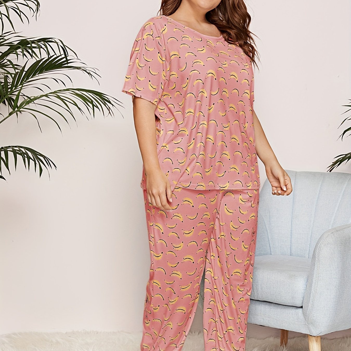 Banana Print Pajama Set Short Sleeve Top & Pants Two Piece Set