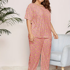 Banana Print Pajama Set Short Sleeve Top & Pants Two Piece Set