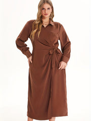 Satin V Neck Long Sleeve Wrap Maxi Dress Women's Plus Medium