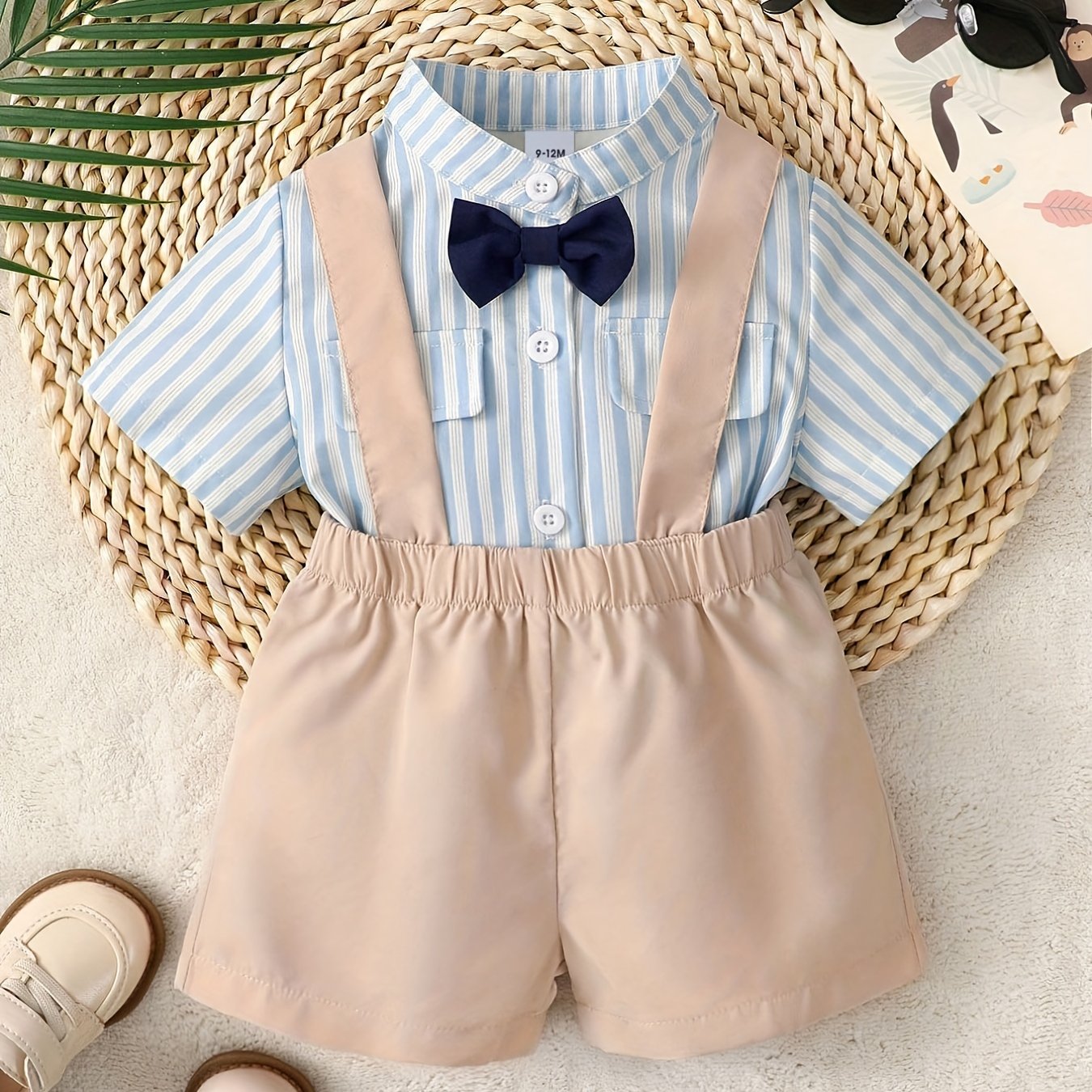 Baby Boys Gentleman Suit Striped Bow Shirt & Overalls Set