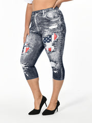 Flag & Denim Print High Waist Leggings