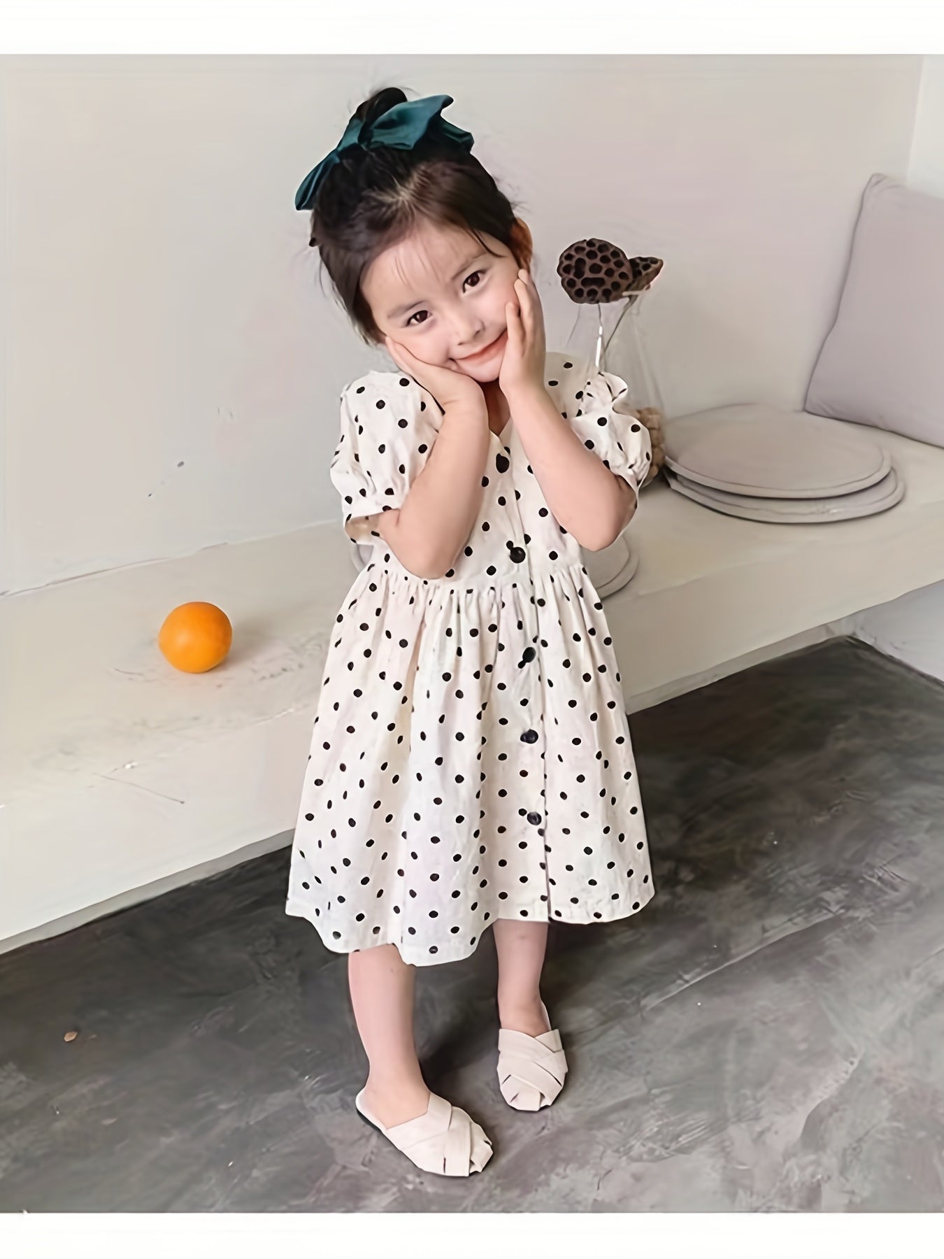 Toddler Girls Polka Dots Print Puff Sleeve Dress For Party Vacation 2-6Y