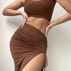 Y2K Solid Slim Two Piece Skirt Set Crop Tank Top & Side Drawstring Split Skirt