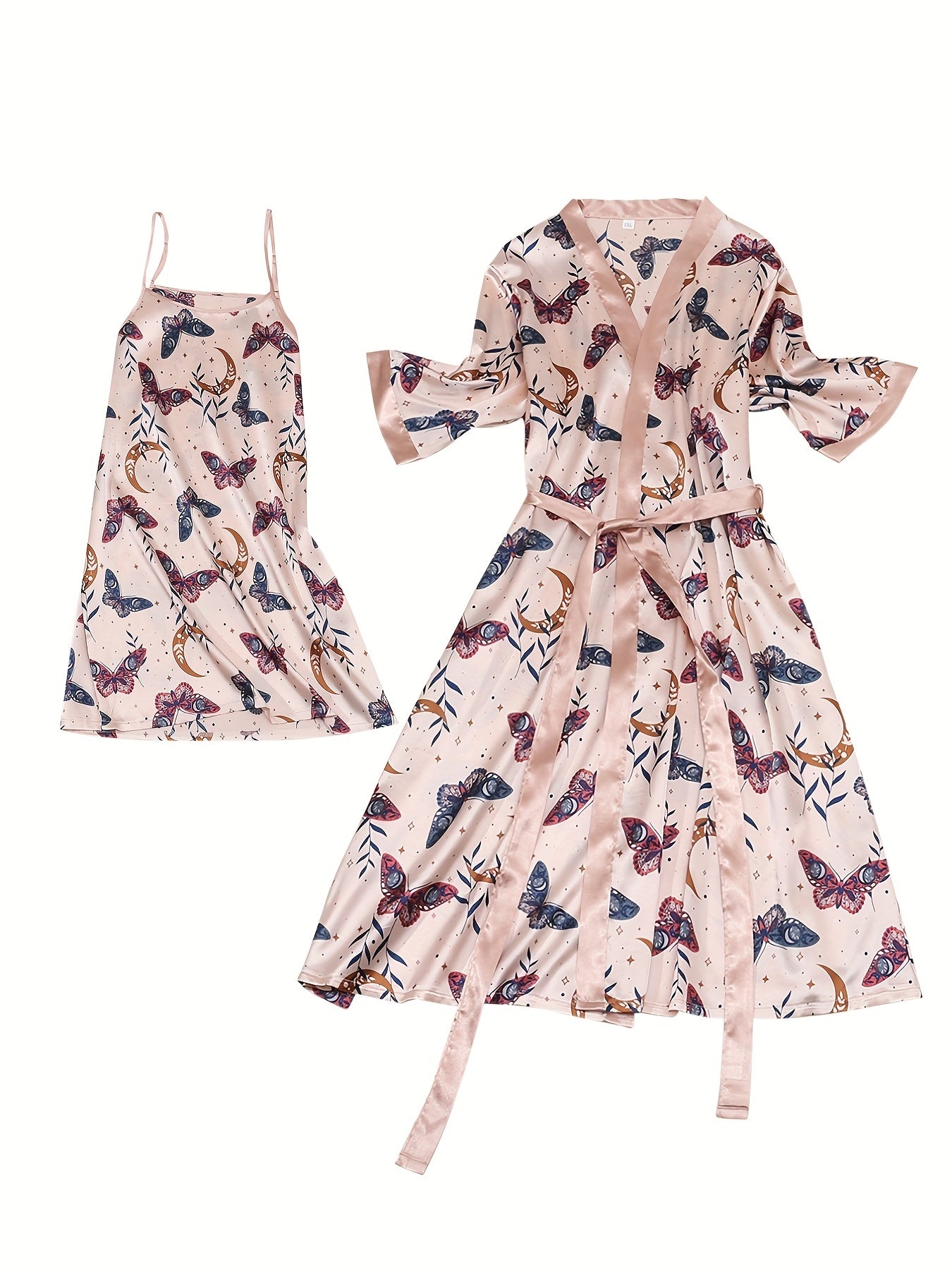 Plus Size Satin Butterfly Print Cami Nightdress & Long Sleeve Nightgown
