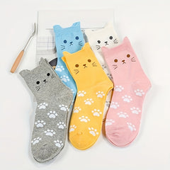 5 Pairs Cartoon Cat Print Socks Comfy Women's Stockings