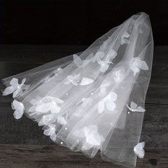 Short Wedding Veil with 3D Butterfly & Floral Tulle Sheer Layered Edge