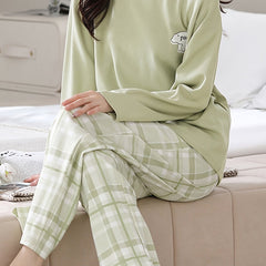 Cartoon Print Pajama Set Long Sleeve Top & Plaid Lounge Pants Sleepwear