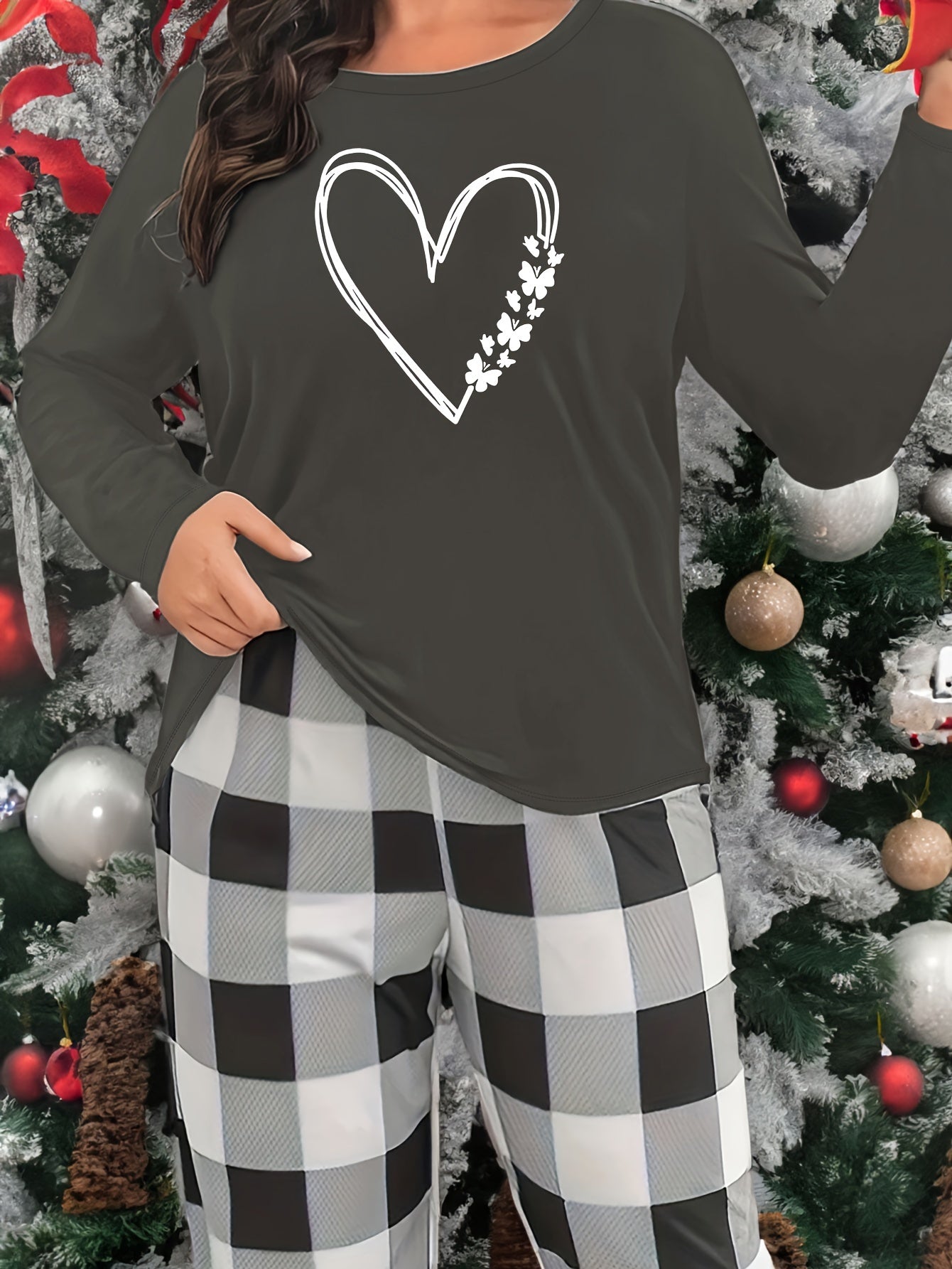 Heart Print Lounge Top Long Sleeve Crew Neck Women's Loungewear