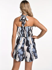 Marble Print Halter Neck Romper Jumpsuit Backless