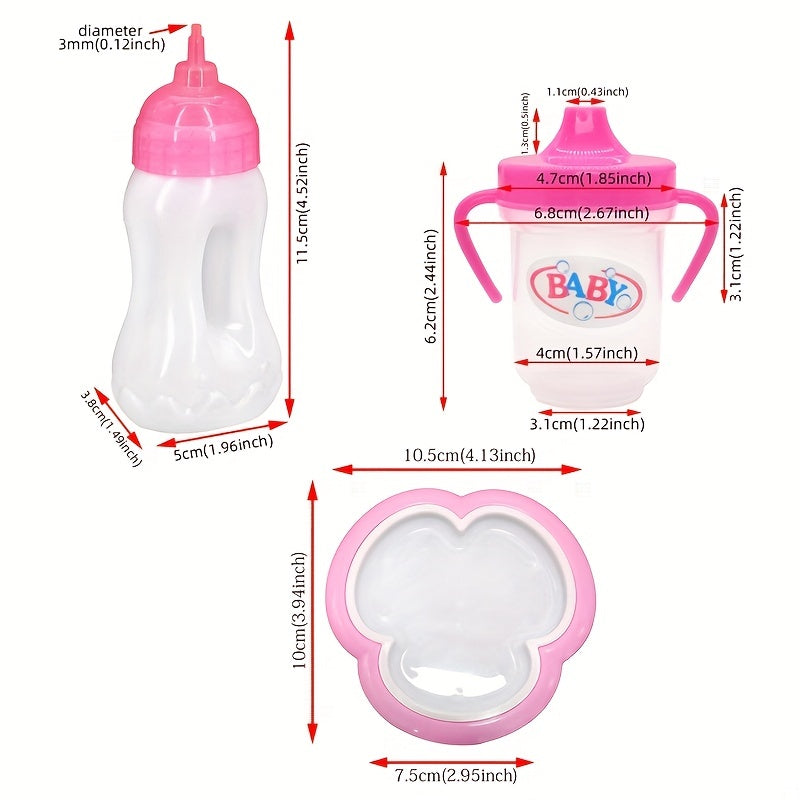 18" Doll Accessory Set Plastic Baby Bottle, Drinking Cup, Plate, Fork