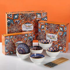 Bohemian Ceramic Rice Bowls Set of 4 Assorted Dinnerware Geometric Pattern