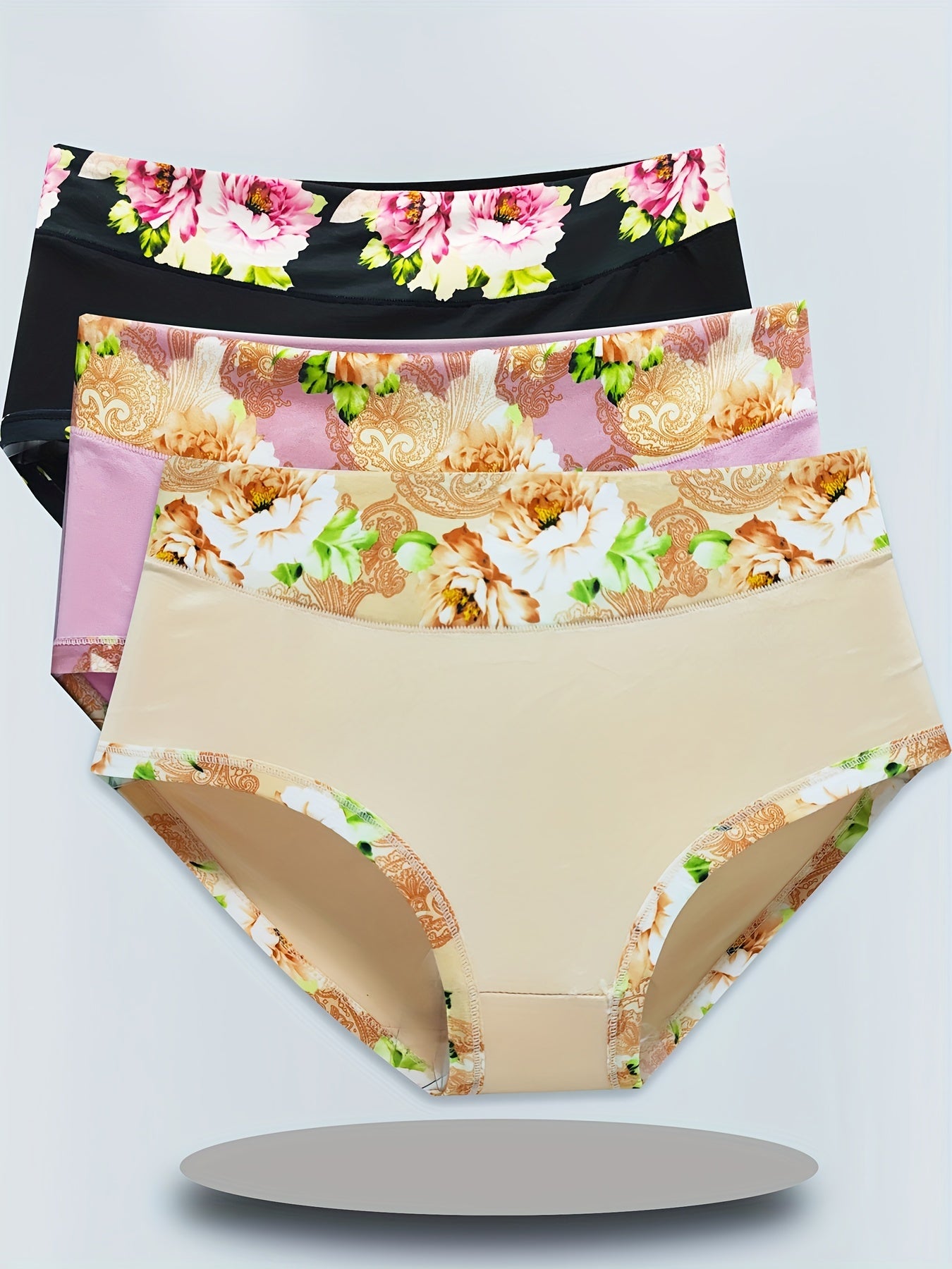 3pcs Floral Print Briefs Comfy Breathable Intimates Panties Women's Lingerie