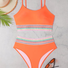 Modest Bikini Set Contrast Trim Longline Bra & High Waisted Pant