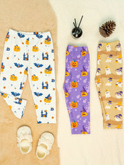 3pc Halloween Leggings For Girls, Cartoon Pattern Ankle Leggings Set