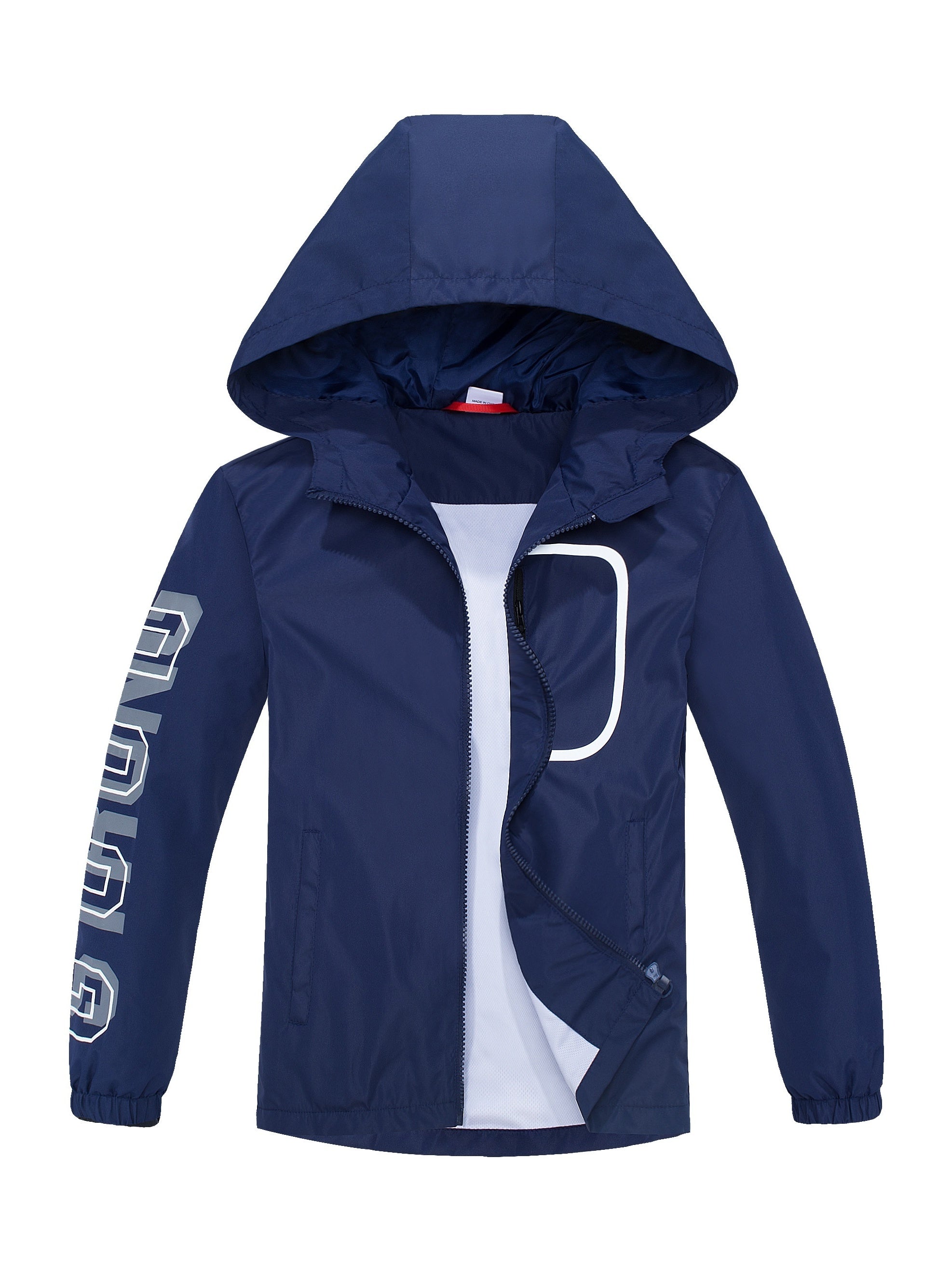 Boys Letter Zip Up Hooded Jacket Raincoat Windbreaker Outerwear Lightweight