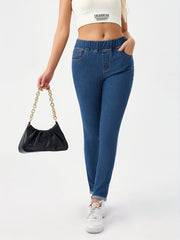 Elastic Waist Skinny Jeans Slim Fit Mid Stretch Versatile Denim Pants