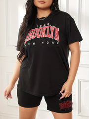 Casual Loungewear Set Women's Plus Letter & Number Print Round Neck T