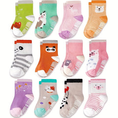 12 Pairs Baby Animal Print Crew Socks Non-Slip Cotton Toddler Socks