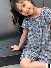 Girl's Plaid Jumpsuit Casual Shorts Sleeve Crew Neck Sports Jumpsuit
