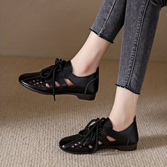 Women's Hollow Out Lace Up Flats Low Top Shoes Casual Faux Leather