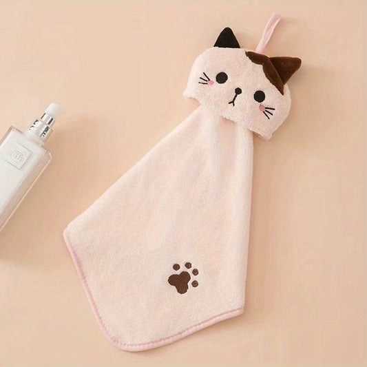 Cartoon Cat Hand Towel Soft Coral Fleece Pocket Towel for Bathroom and Kitchen