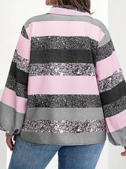 Colorblock Stripe Print Lantern Sleeve Blouse
