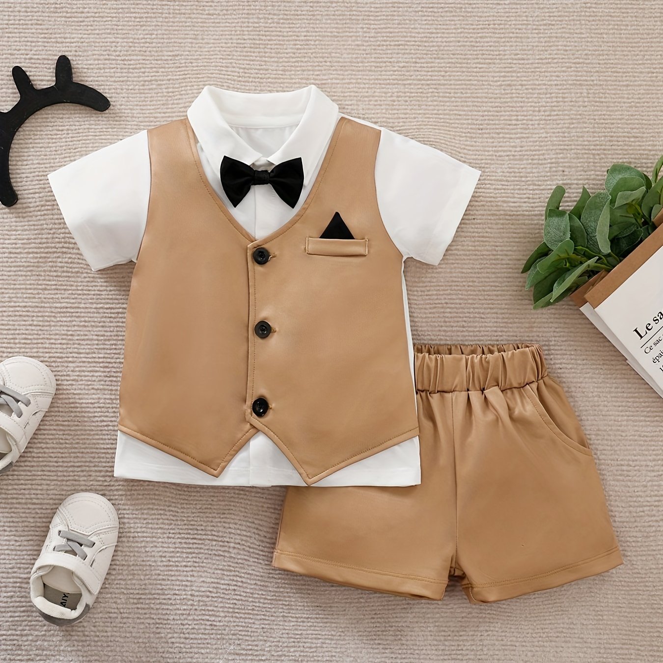 Baby Boys Gentleman Bow Tie Shirt & Shorts Set for Summer Party