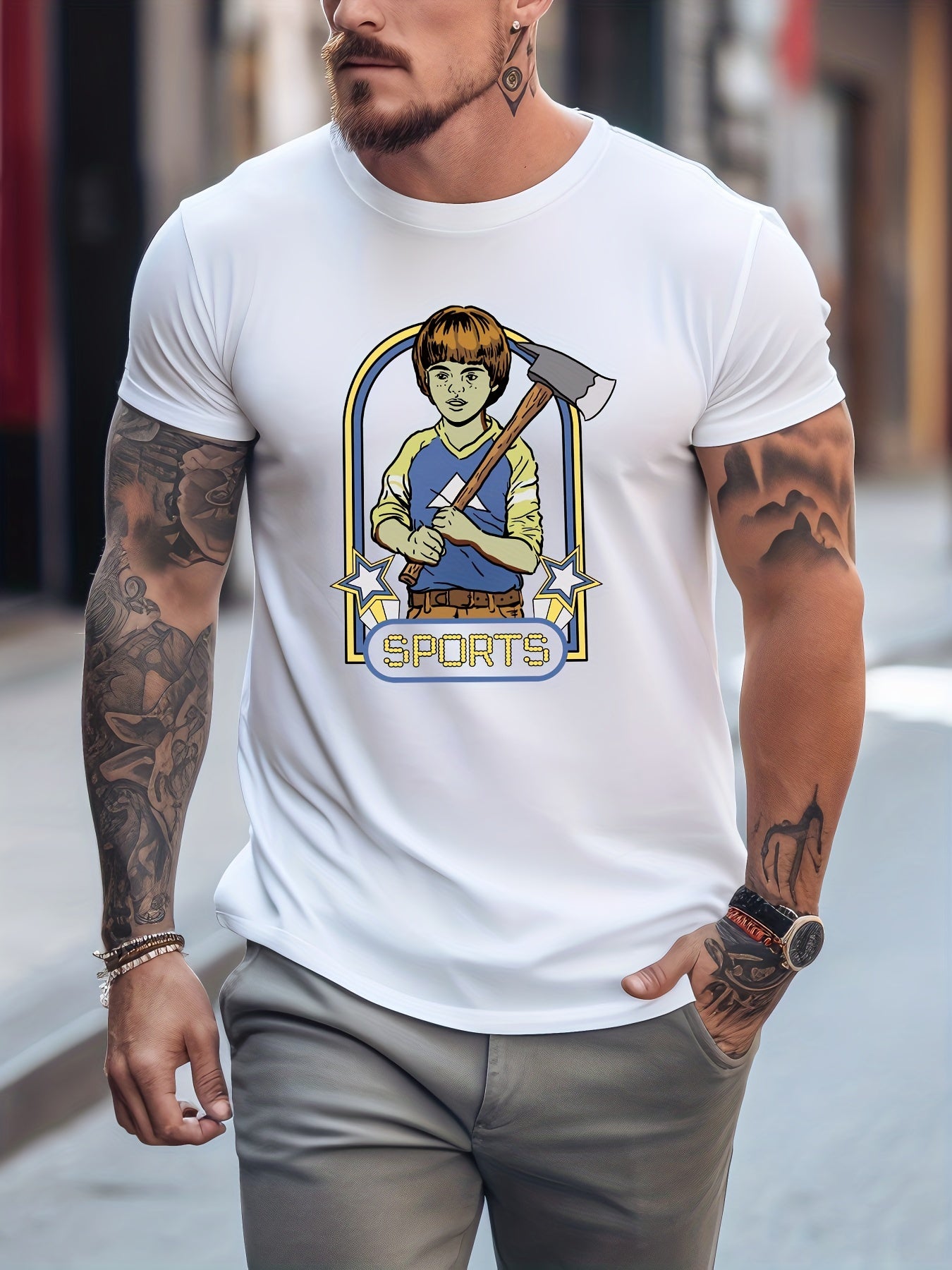 Men's Printed Leisure Sports T shirt Round Neck Tee Shirt for Summer